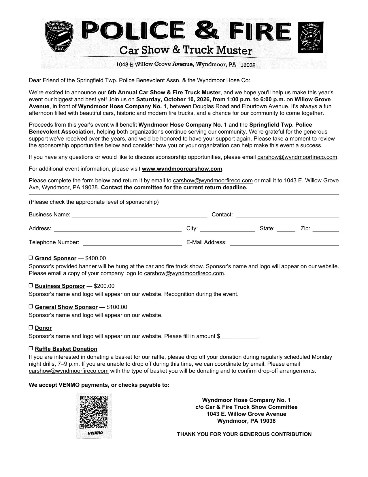 2026 Police & Fire Car Show and Truck Muster sponsorship letter from Wyndmoor Hose Company No. 1 and the Springfield Township PBA, listing the Grand, Business, General Show, Donor and Raffle Basket levels, updated for Saturday, October 10, 2026, 1–6 PM; contact the committee for the current return deadline.