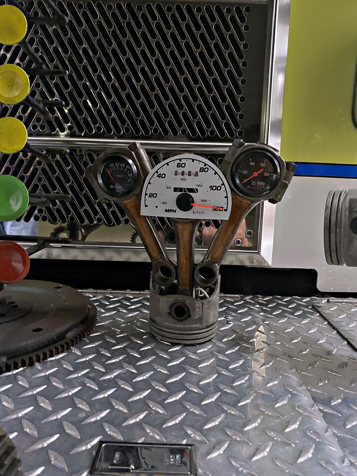 Handmade car show trophy — piston, gauge and flywheel