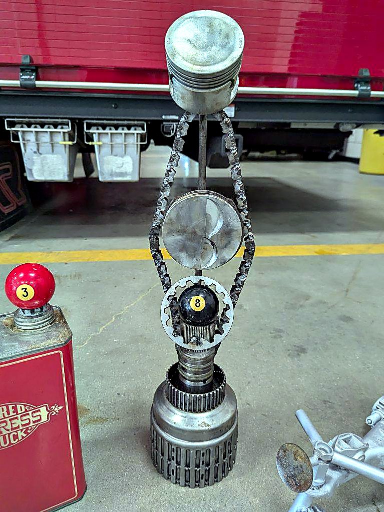Handmade car show trophy — pistons, timing chain, eight ball